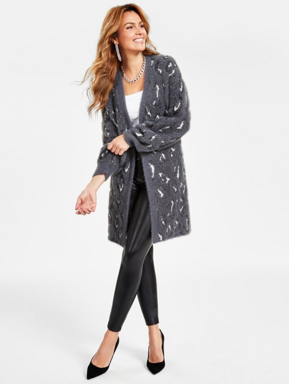 I.N.C. International Concepts Women's Fuzzy Animal-Print Open-Front Cardigan